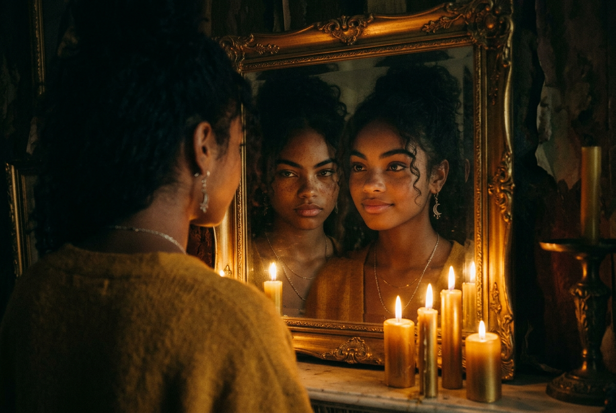 Raeni facing an antique gilt mirror in candlelight, two reflections visible — the survivor and the bloomer