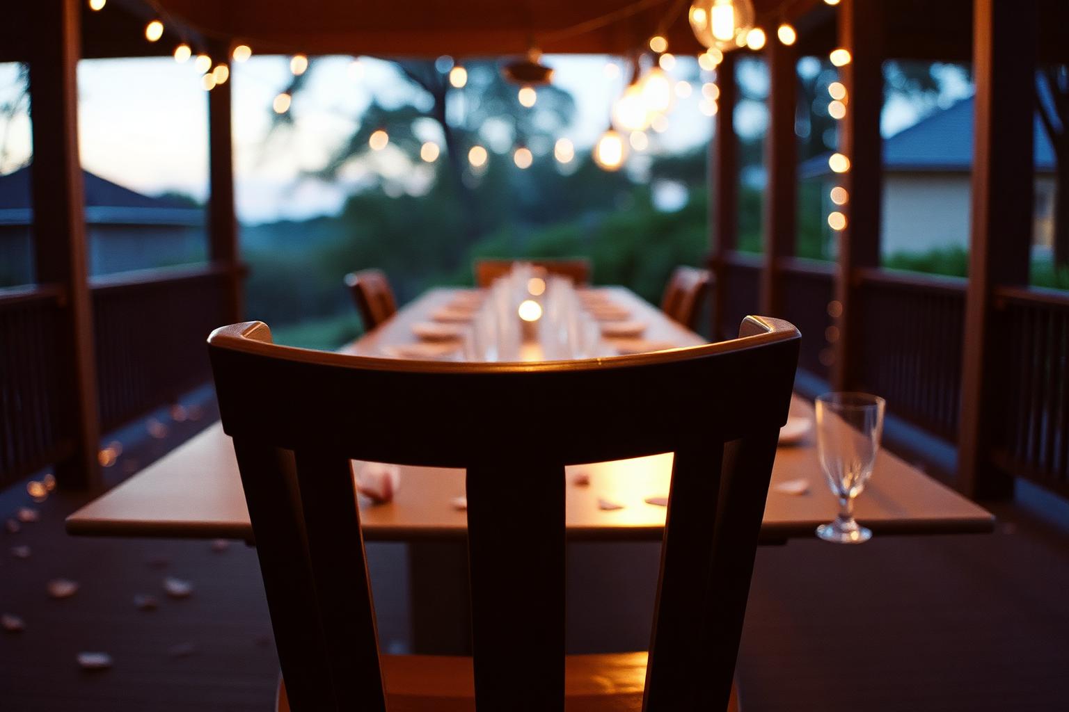 An empty chair pulled up to a long porch table strung with warm lights at dusk