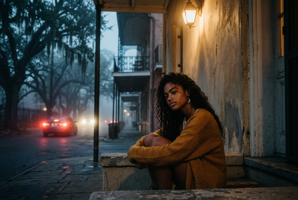 Raeni sitting on a misty New Orleans porch step at night, headlights of a car pulling away in the distance