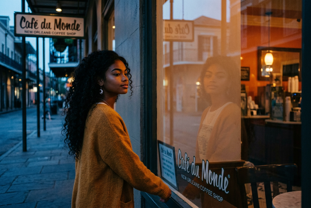 Raeni in mustard cardigan beside a French Quarter cafe window at dusk, her reflection doubled in the glass
