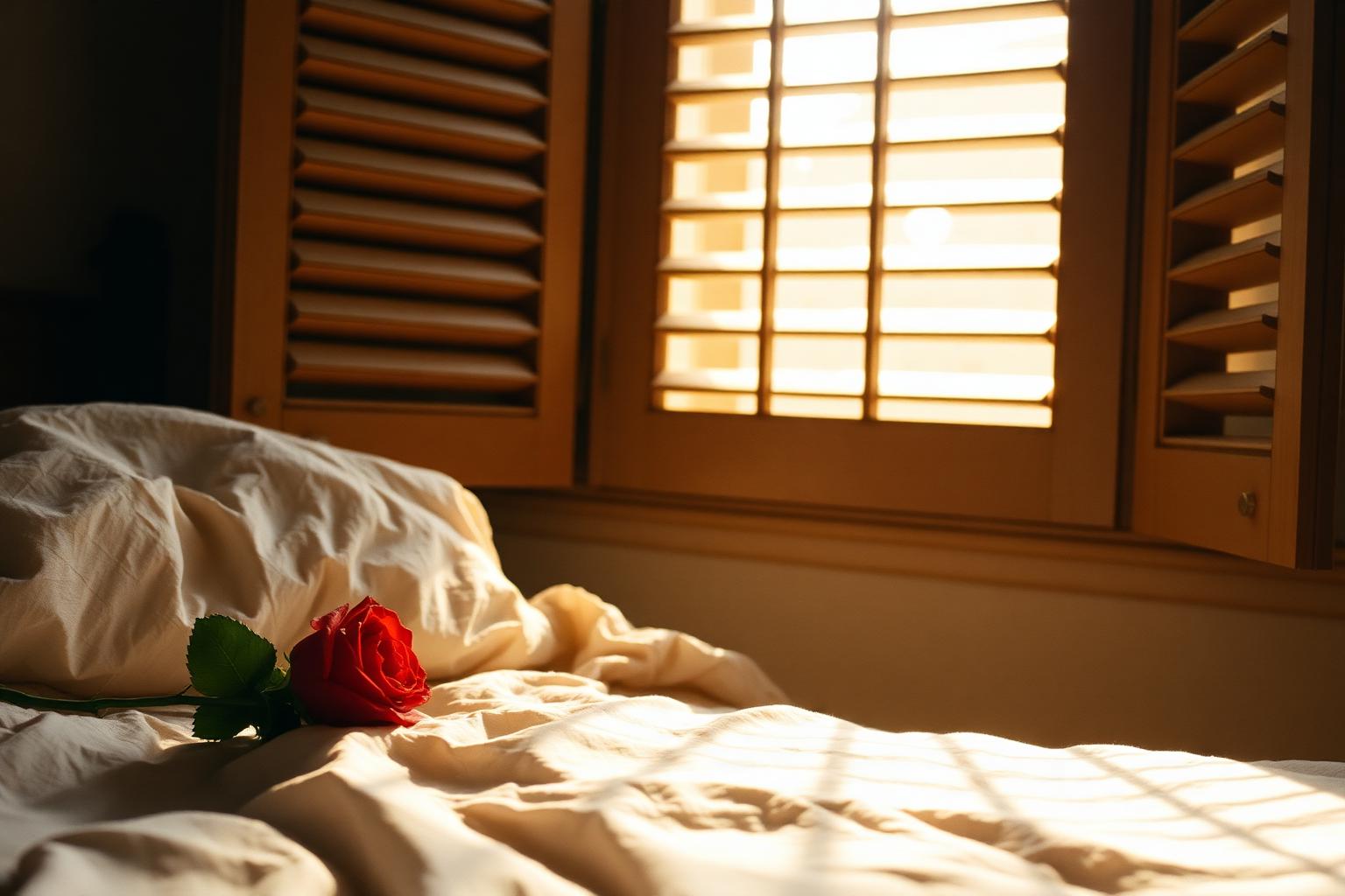 A single red rose on an unmade bed, morning light through wooden shutters casting striped golden light