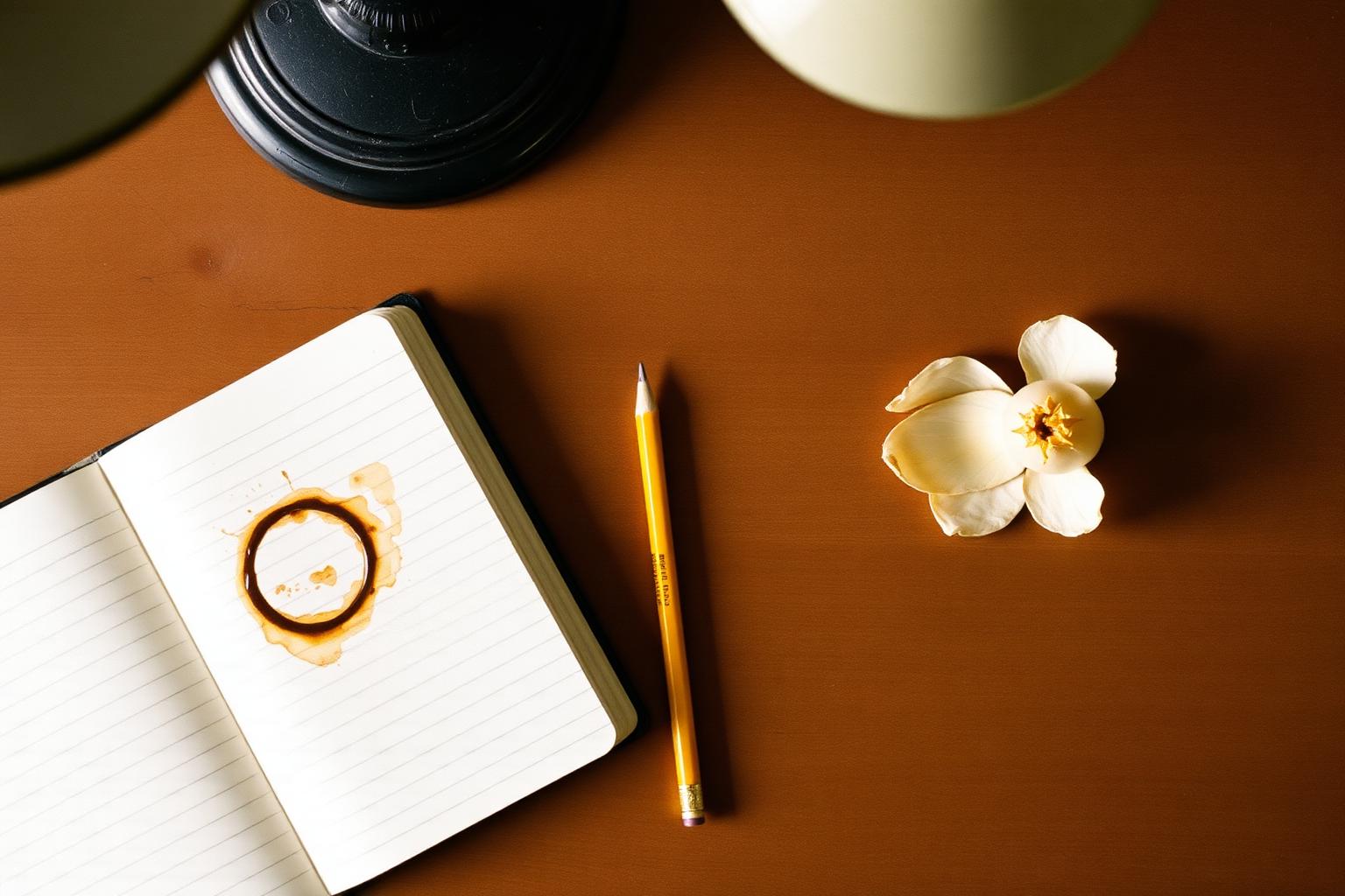 Overhead view of an open blank notebook on a desk with a coffee ring, pencil and magnolia petal