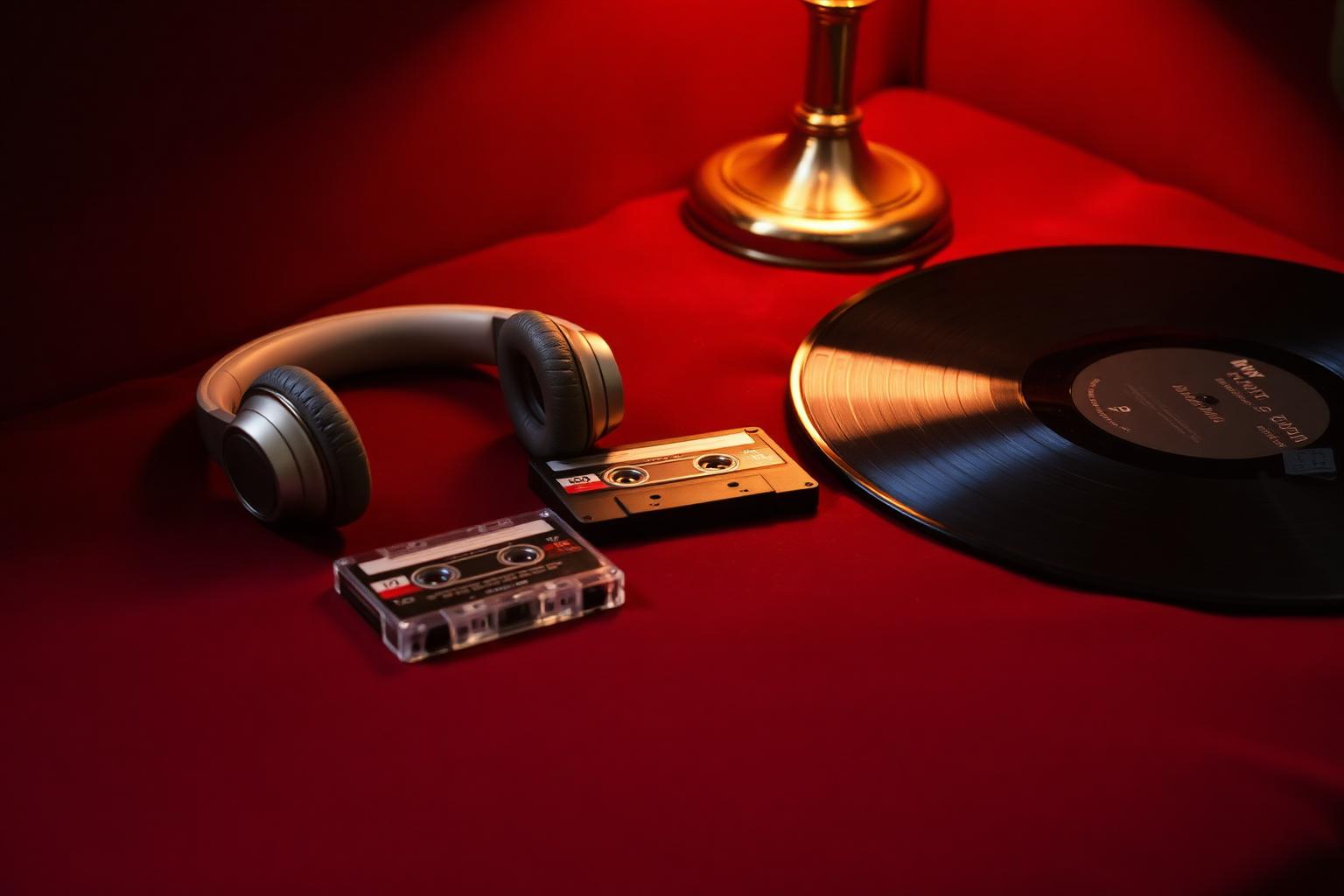 Vintage headphones, a cassette tape and a vinyl record on deep burgundy velvet under warm lamp light