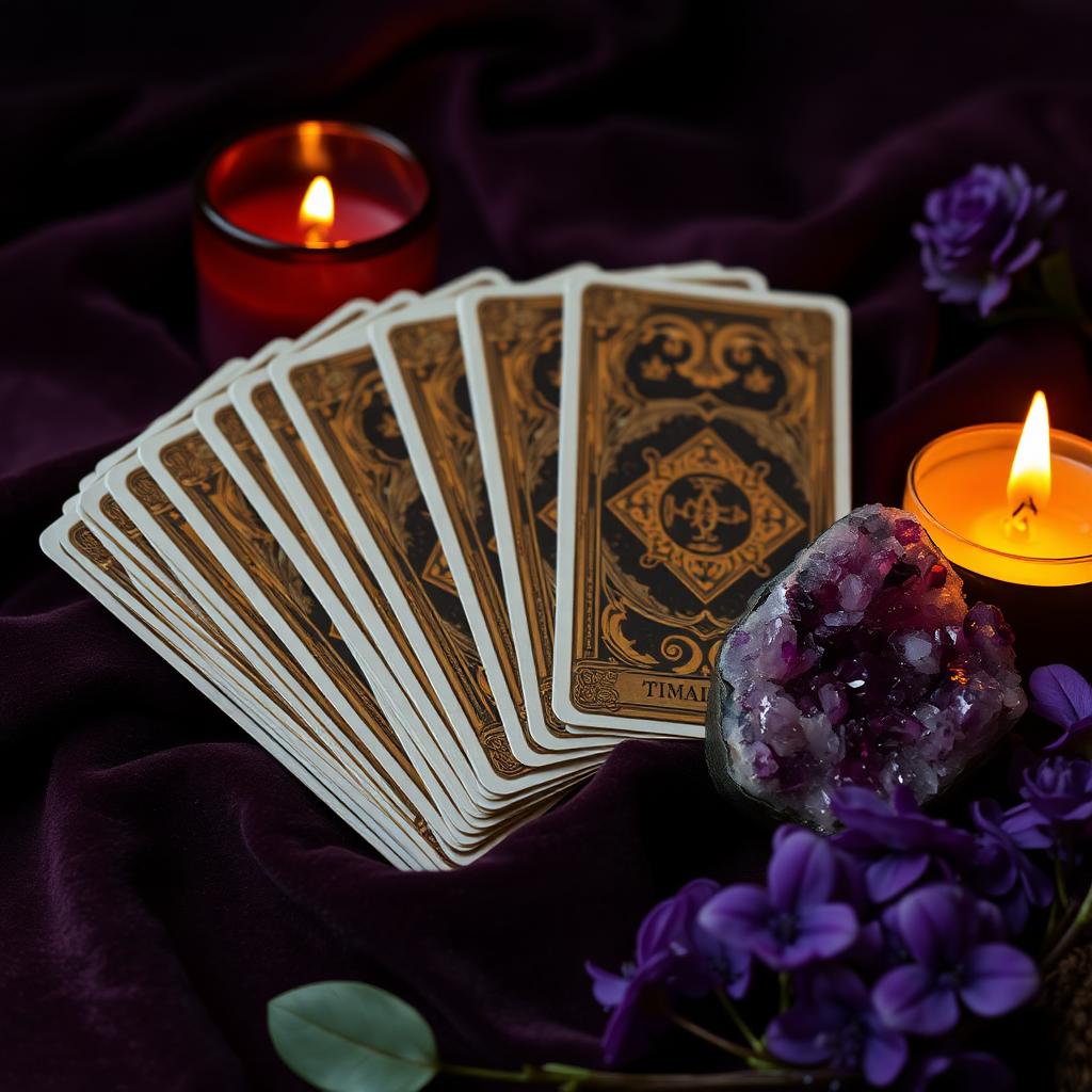 Ornate oracle cards on velvet with a candle