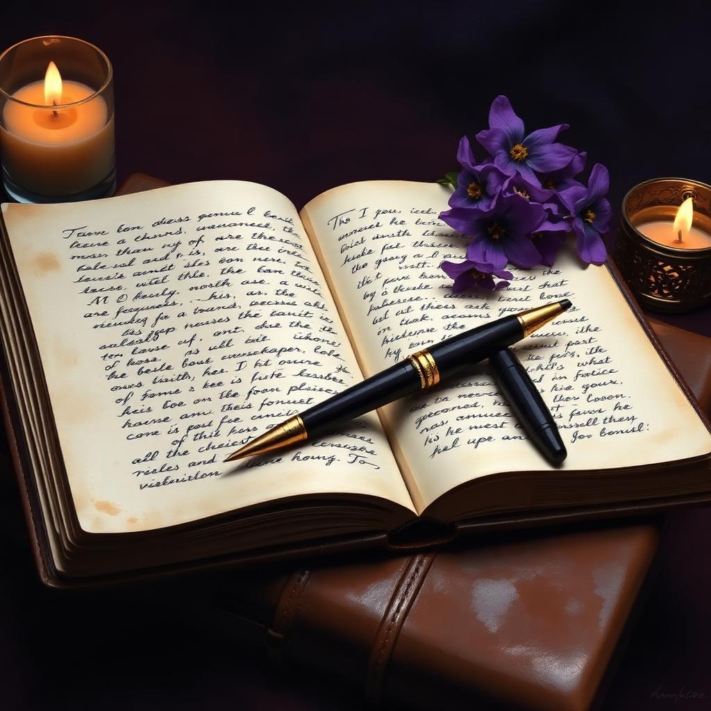 Open handwritten journal with violets and a pen