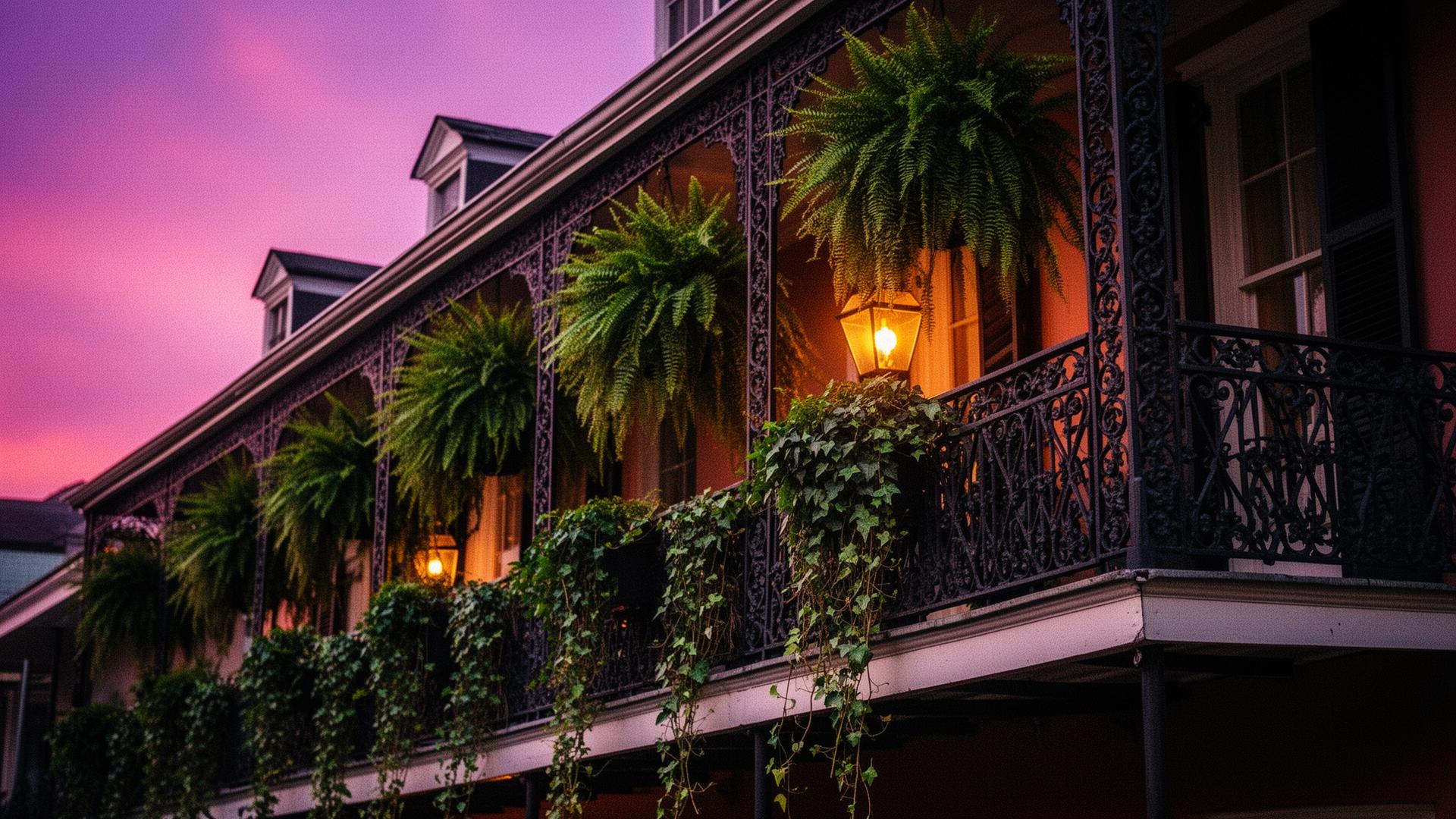 A French Quarter balcony at dusk