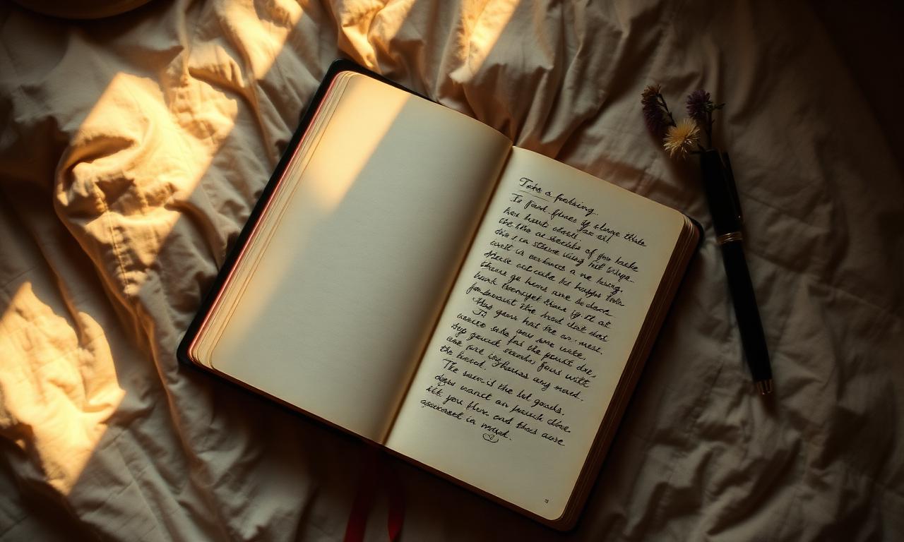 An open handwritten journal on a quilted bedspread, the ink faintly glowing in warm lamplight