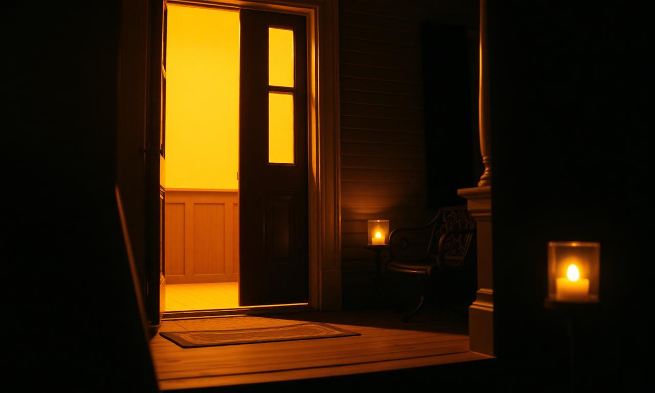 A New Orleans shotgun-house door cracked open at night, warm golden light spilling onto the porch