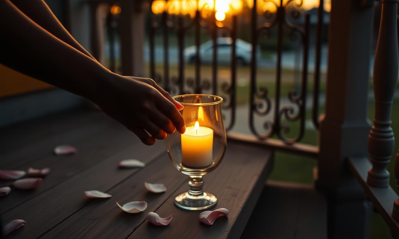 A hand lighting a candle in a hurricane glass on a wooden New Orleans porch at dusk