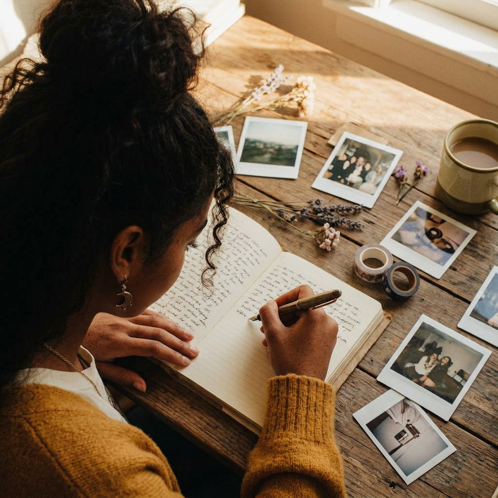 Overhead view of Raeni's desk — open journal, candle, pressed flowers, gold pen