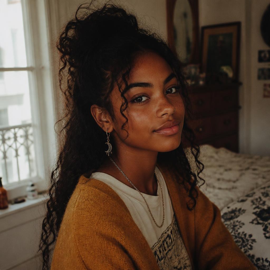Raeni LeBeau in soft window light, mustard cardigan, journal in hand