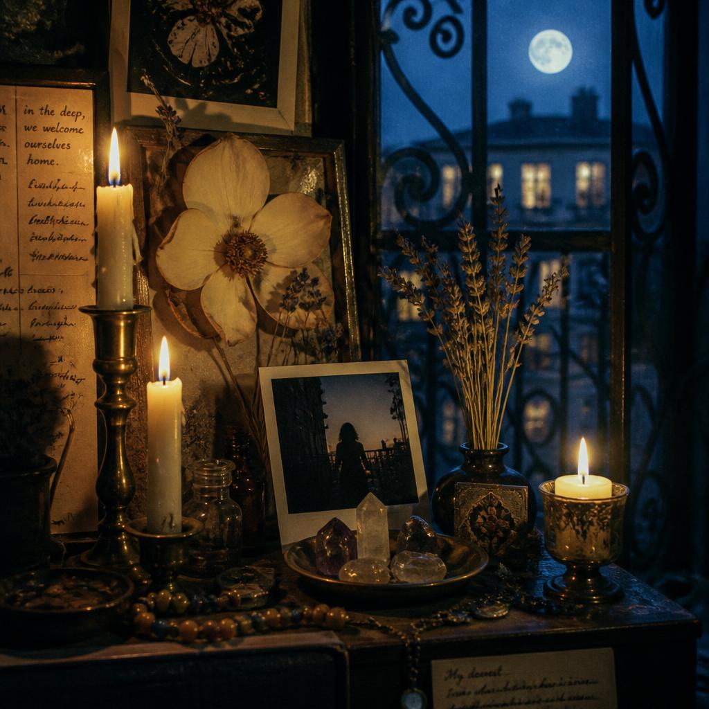 A small home altar lit by candles with a crescent moon framed in the window