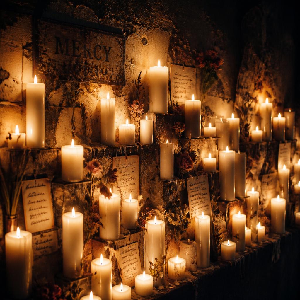 A wall of votive candles flickering in a dim New Orleans church