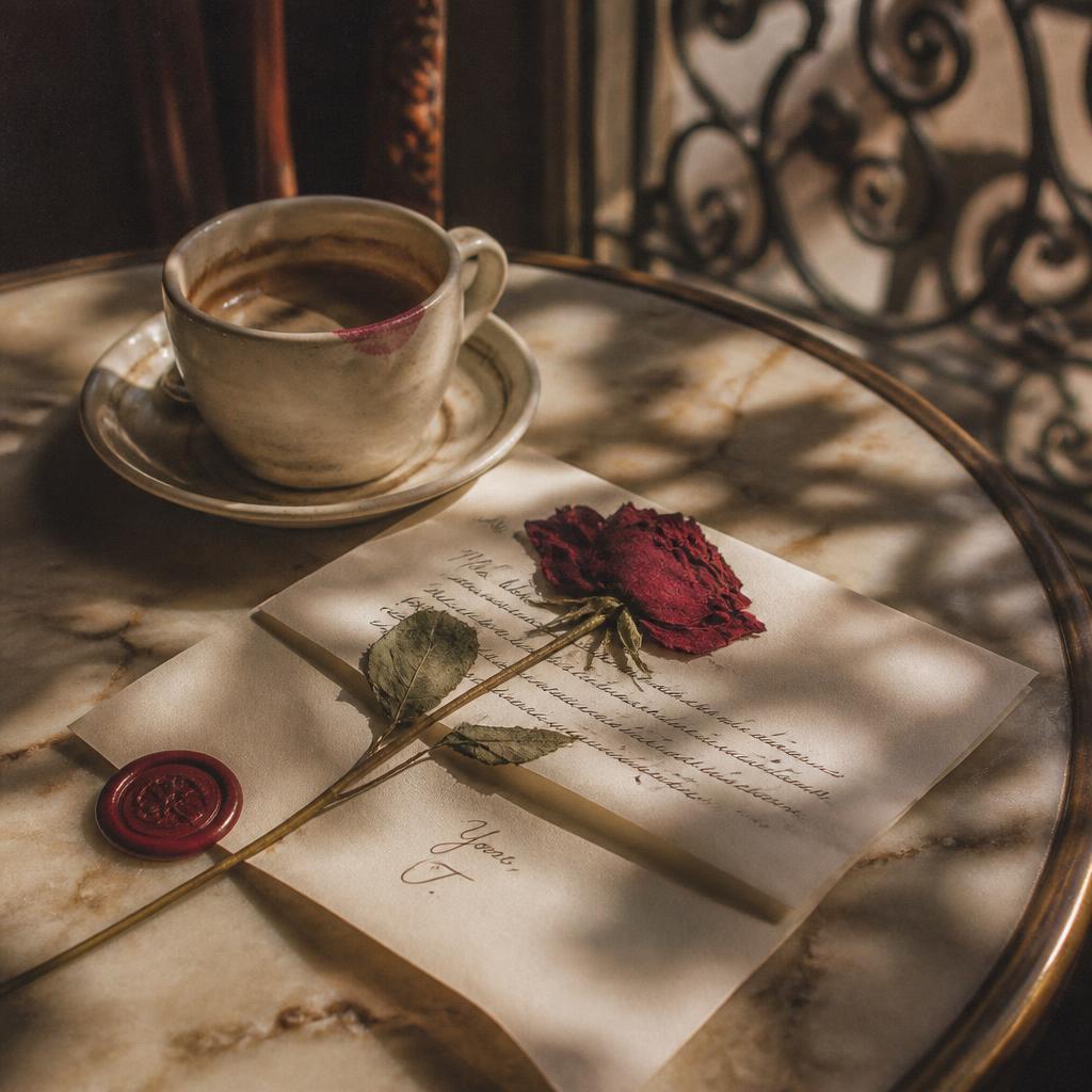A pressed rose laid across a folded handwritten letter on linen